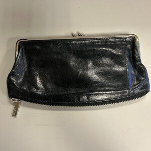 Hobo International black leather kisslock Millie clutch wallet w/zipper bottom